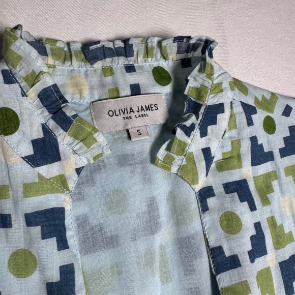 Olivia James The Label Cotton Geometric Print Ruffle Hem Shift Dress BlueGreen S - Picture 5 of 9